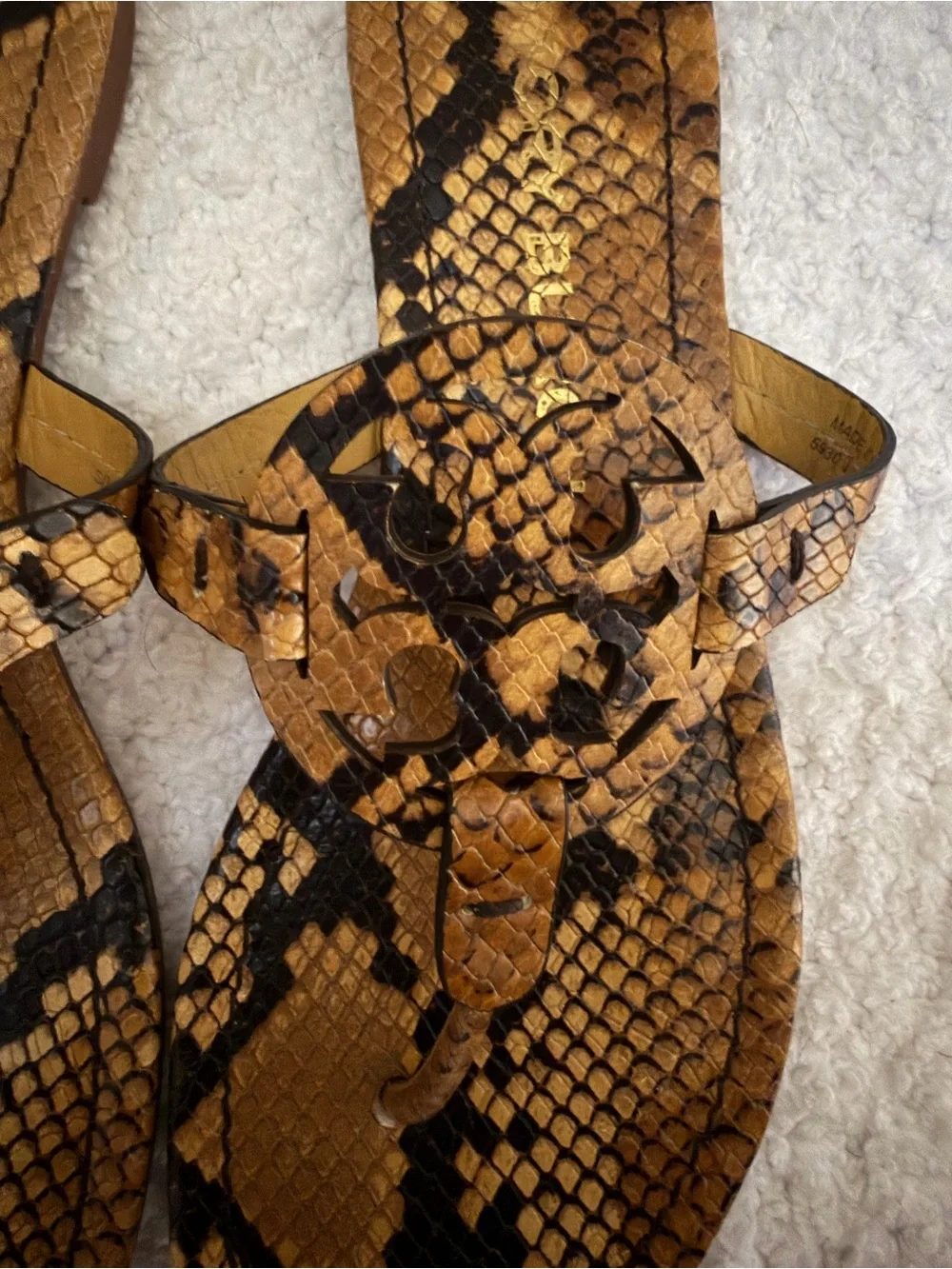 Tory Burch Snake-Stamped Miller Sandals in Tan and Black